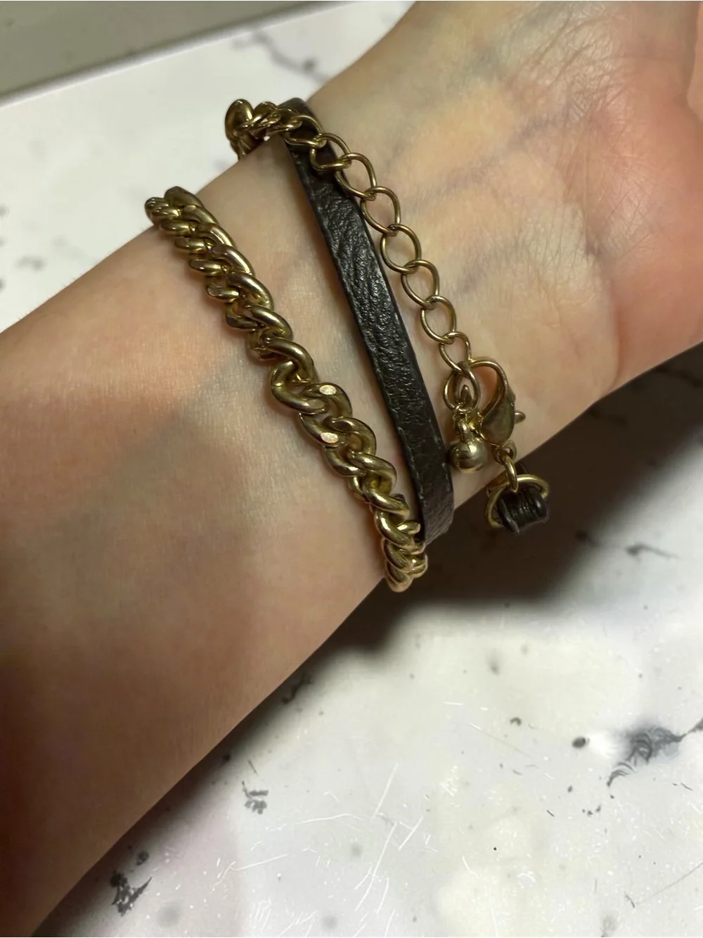 Gold-Tone Bracelet w/Large Purple Stone & Brown Leather